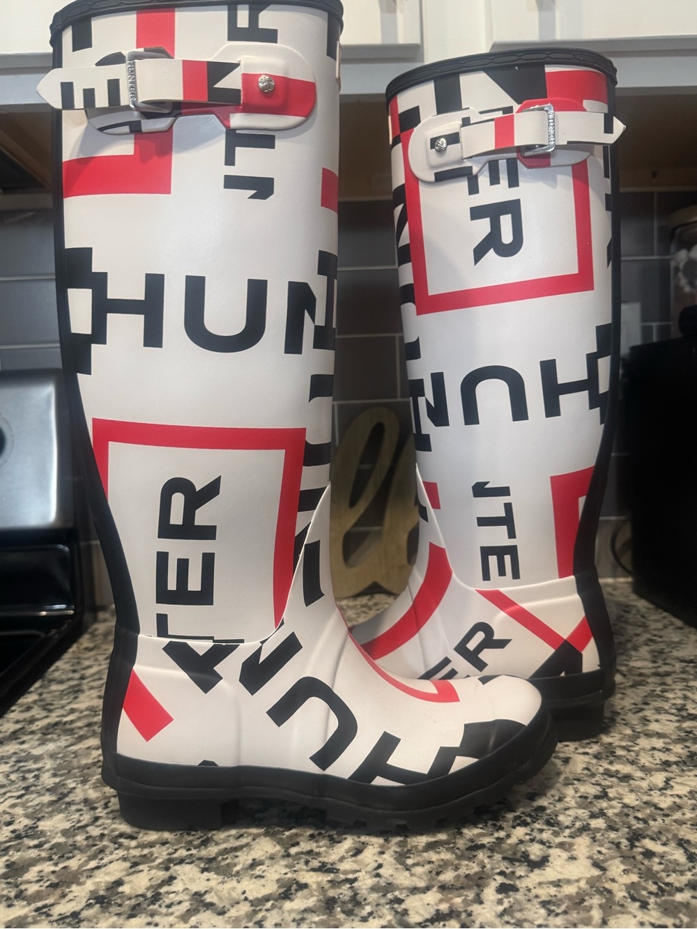 Hunter Cream Rain Boot with Red Logo Detail - Picture 9 of 10